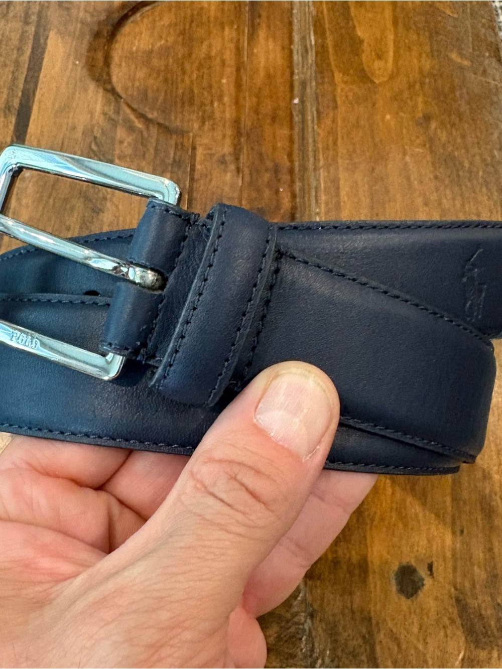 Polo Ralph Lauren Men's SZ 34 Deep Navy Blue Leather Belt Silver Tone Buckle